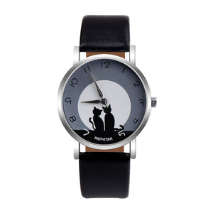 Cat Patterned Black Women's Watches